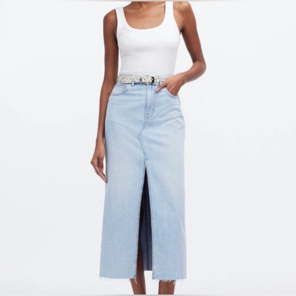 Madewell Rilee Denim Jean Midi Skirt Raw
Hem Light Wash Front Slit Western 28